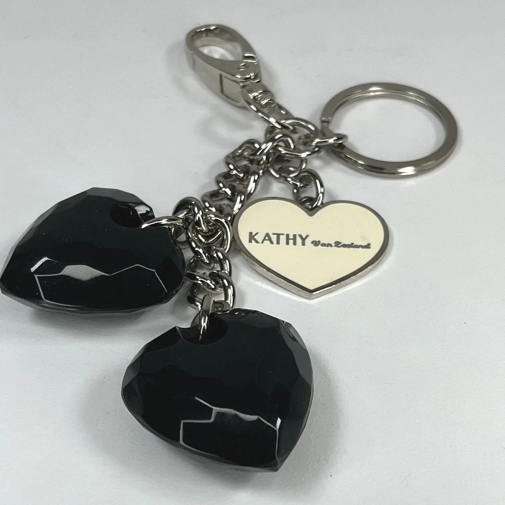 Kathy Van Zeeland Black Faceted Heart Keychain Bag Charm Silver Tone Logo Tag